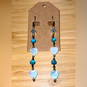 Handmade earrings, shells/heart, blue jasper on black findings!